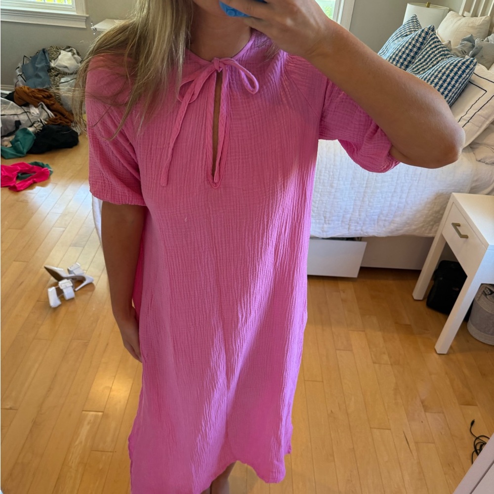 Pink Midi Dress with Tie Neck